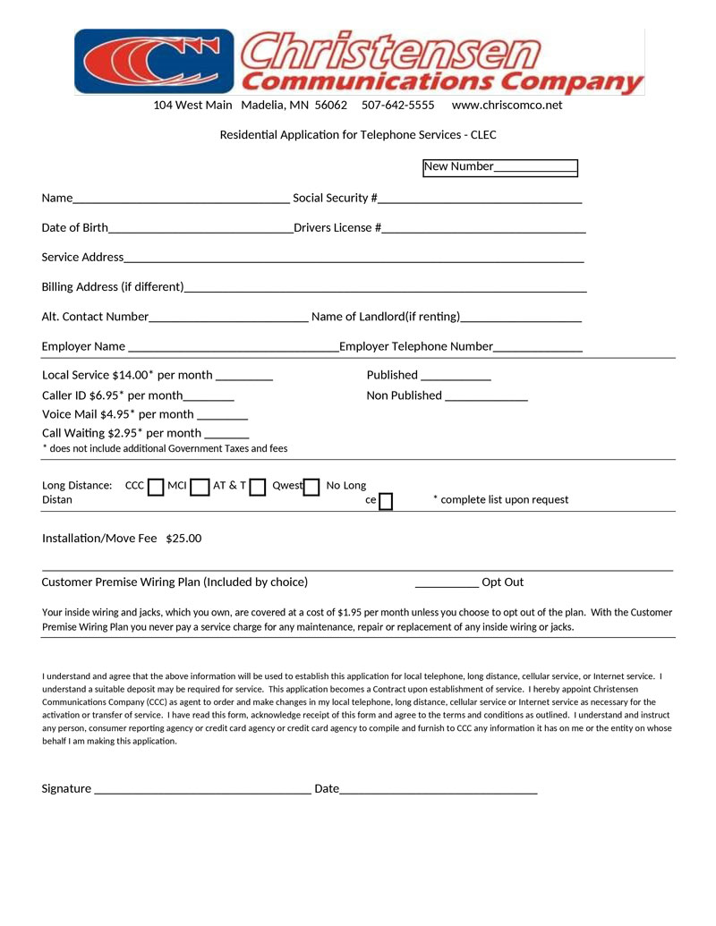 residential application for services